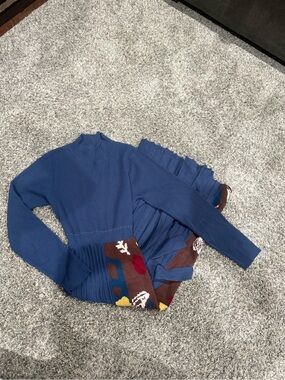 Blue Pleated Knit Dress with Colorblock Detail